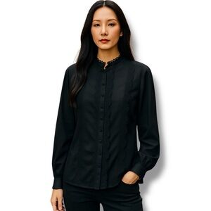 Women’s Plus Size Elegant Black Button Down Shirt Long Balloon Sleeve Lace 4X